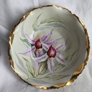 Vintage Elite Limoges France Handpainted Orchids Gold Rim Bowl - Damaged